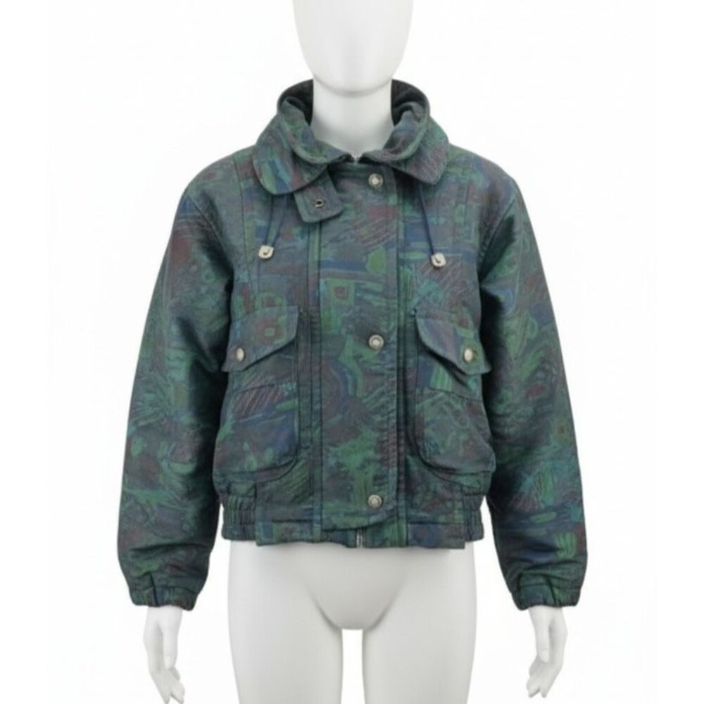 Vtg FOG London Fog Bomber Jacket XS Abstract Green Blue 80s 90s Windbreaker Ret